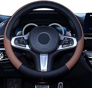 SHIAWASENA Car Steering Wheel Cover, Leather, Universal 15 Inch Fit, Anti-Slip & Odor-Free (Black&Brown)