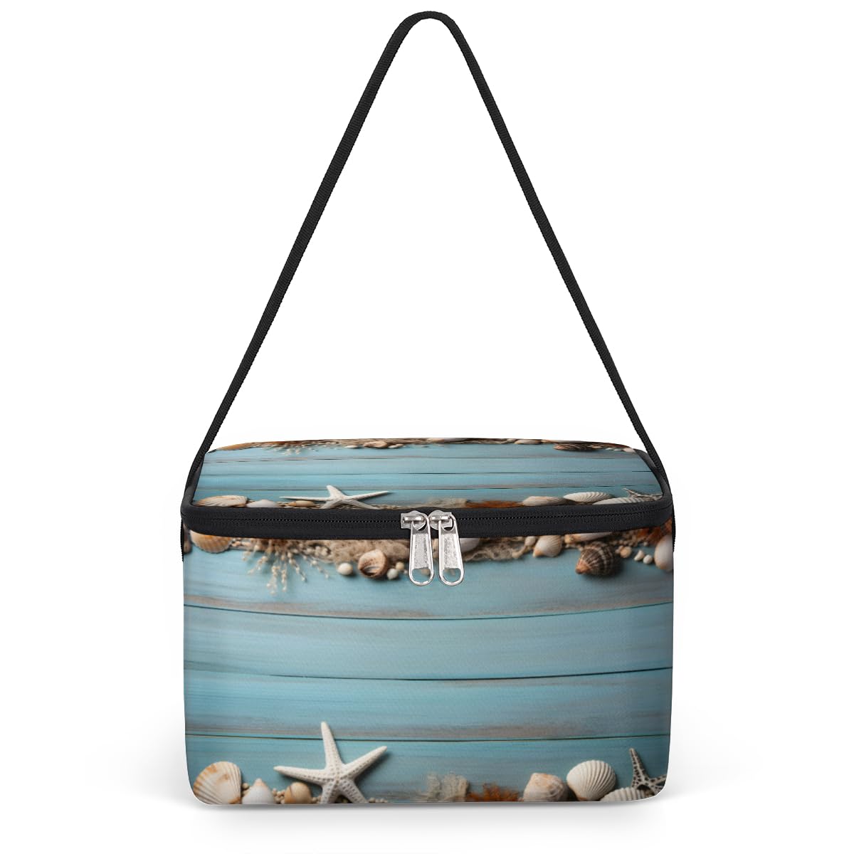 GzLeyigou Starfish Seashell Lunch Bags for Women Men 9 Cans, Hot & Cold Food Delivery Bag Insulated Grocery Bag Insulated Lunch Box Blue Wooden Cooler Bag for Office Work Picnic Beach