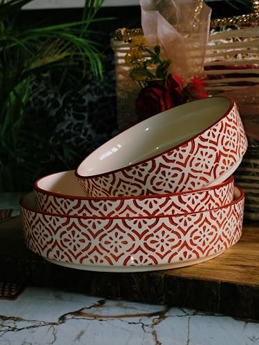 Image of Niyara Stoneware Handmade Ceramic Stylish Premium Serving Bowls /Salad Tray Microwave Dishwasher Safe (red Salad Bowl Set of 3)
