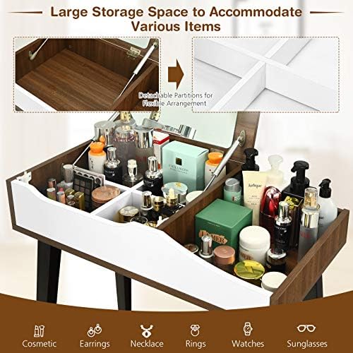 COSTWAY Dressing Table Set with Flip Top Mirror and Detachable Partitions, Wooden Makeup Vanity Table Stool Set, Home Bedroom Furniture Cosmetics Dresser Desk Gift for Girls Women