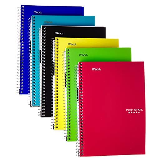 Mead FBA_6180 Five Star Spiral Notebook, College Ruled, 2 Subject, 6 x 9.5 Inches, 100 Sheets, Assorted Colors, 6 Pack