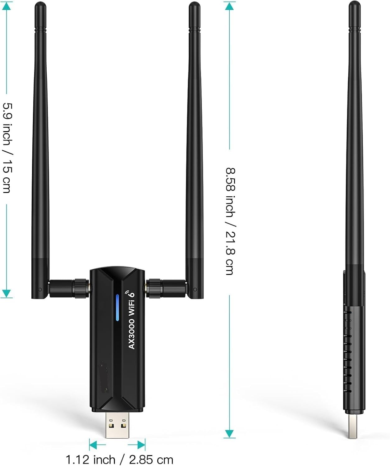 E029 AX3000M USB 3.0 WiFi 6 Adapter Wireless WiFi Dongle Network Adapter 802.11AX Tri-Band 6GHz/5GHz/2.4GHz Dual 5dBi Antennas for PC Desktop Laptop Compatible with Windows 11/10 64Bits, Black
