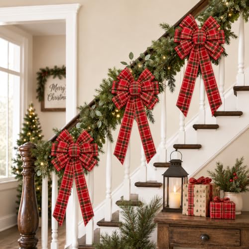 2 Pack Large Christmas Bows for Wreath, 11.4 x 19.6 Inch Red Plaid Pre-Tied Holiday Bows with Long Tails, Decorative Xmas Bows for Front Door, Tree, Garland, Staircase, Porch Decor by YIPRONS - Used condition - Image 5