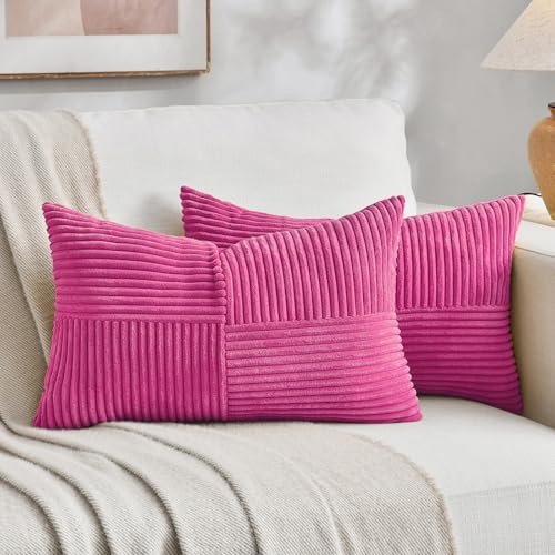Image of Fancy Homi 2 Packs Hot Pink Lumbar Decorative Throw Pillow Covers 12x20 Inch for Living Room Couch Bed Sofa, Rustic Farmhouse Boho Home Decor, Soft Striped Corduroy Rectangle Accent Cushion Case