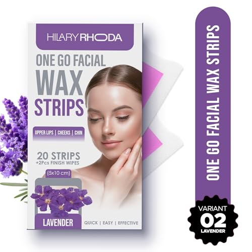 Image of Hilary Rhoda Women One Go Facial Wax Strips | Lavender Extract | Ready-to-Use for Upper Lip, Chin & Cheeks | Hair Removal Strips with 2 Wipes | Painless, Quick & Gentle Waxing | 20 Strips