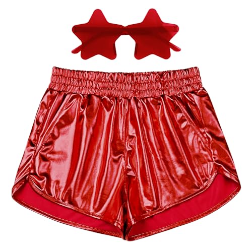 Mirawise Pantalones cortos metálicos para mujer, para verano, yoga, brillante, con lentes de sol, Shinny Red-1, XS