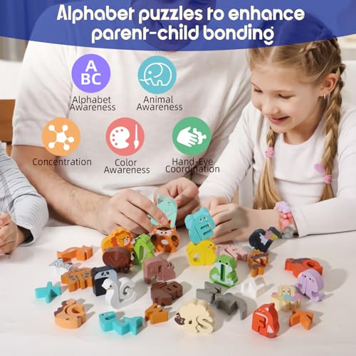 BESTAMTOY 52 Pieces Matching Game, Wooden Alphabet Animal Puzzles for Toddlers, ABC Peg Puzzles for Kids Ages 3-5, Preschool Learning Activities Toys - Thumbnail 2