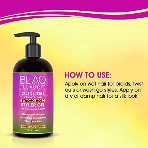 Blaq Luxury Sage & Lychee Strong Hold Styler Gel - Non-Alcoholic And Non-Flaky Formula For All-Day Hold – Biotin Infused - Promotes Hair Repair, Growth, And Manageability - 12Oz #TOP3