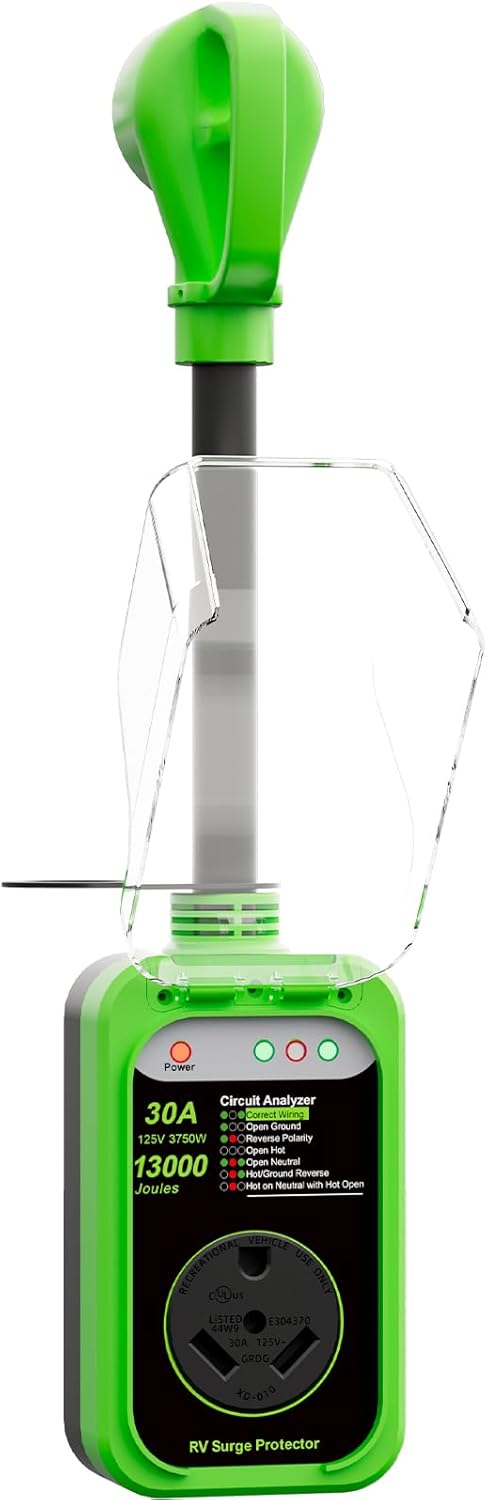 RV Surge Protector 30 Amp, 13000 Joules RV Circuit Analyzer with Waterproof Cover,RV Adapter Plug for Camper Travel Trailerss (30AMP-Green)