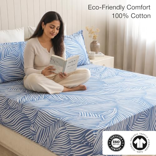 Image of HOMEMONDE Cotton Fitted Sheet Feather Printed Double Size Elastic Fitted Bedsheet with Two Pillow Covers |186 TC | (78 X 60 Inches, Blue Feather) | Perfect for Home Decor & Gifting