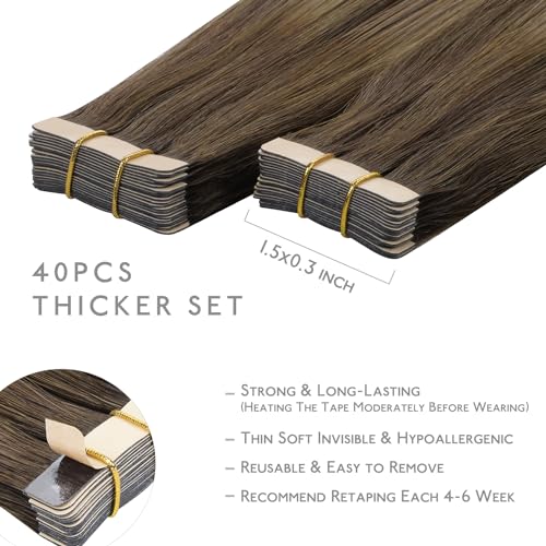 Image of Wennalife Tape in Hair Extensions Human Hair, 40pcs 60g 10 inch Balayage Chocolate Brown to Caramel Blonde Hair Extensions Real Human Hair Straight Tape in Extensions Reusable Real Hair Extensions
