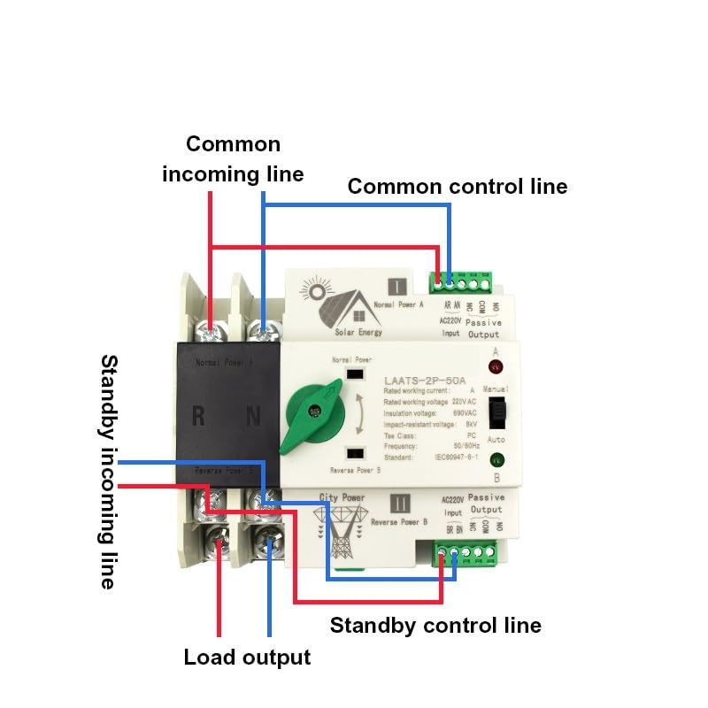1PCS Din Rail Solar Type 50A 2P ATS Dual Power Transfer AC Switch for PV Inverter Discounnecting Switch