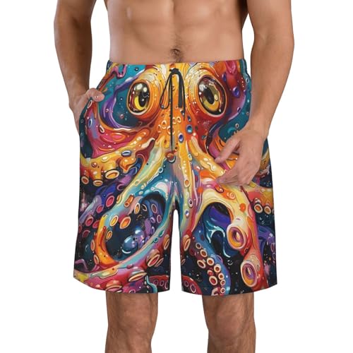 Men's Quick Dry Swim Shorts Octopus Underwater Marine Life Psychedelic Colorful Beach Trunks with Pockets