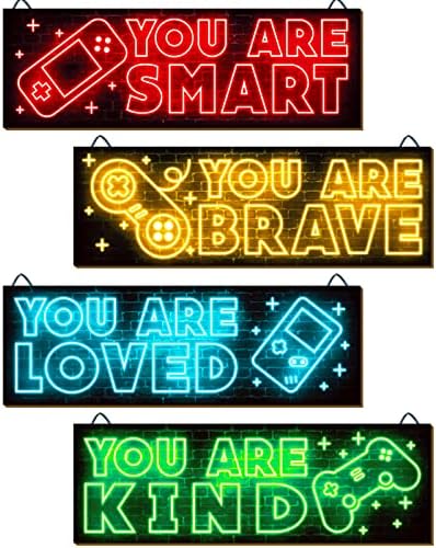 YLOLUL 4pcs Neon Game Art Prints, Wood Wall Art Decor for Boys Ro...