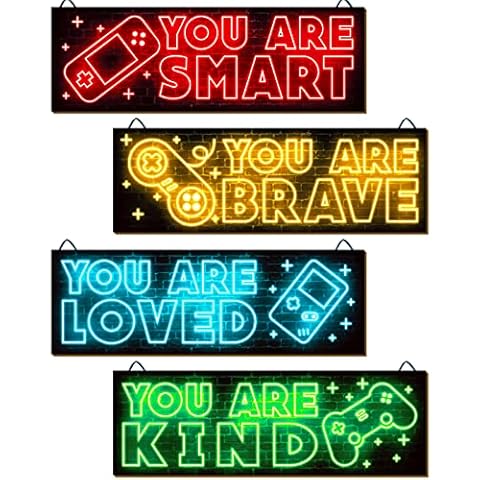 YLOLUL 4pcs Neon Game Art Prints, Wood Wall Art Decor for Boys Room, Gamer Decorations, Inspirational Quote Wall Decor, Modern Home Decor, 12 x 4 Inch, Red Cover