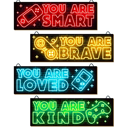 YLOLUL 4pcs Neon Game Art Prints, Wood Wall Art Decor for Boys Room, Gamer Decorations, Inspirational Quote Wall Decor, Modern Home Decor, 12 x 4 Inch, Red by YLOLUL - Used condition - US$9.30