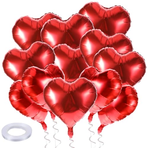 Palloncini a forma di cuore rosso, 45,7 cm, 12 palloncini grandi in lamina di Mylar con nastro, per compleanni, matrimoni, baby shower, San Valentino, decorazioni per feste