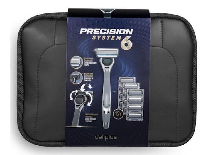 Lote afeitado hombre Precision System 6 hojas Deliplus || contiene maquinilla y 12 recambios + neceser