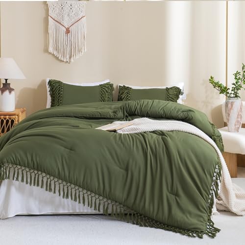 Image of Andency Olive Green Comforter Set Queen, 3 Pieces Boho Tassel Lightweight Soft Bedding Comforter Sets, All Season Fluffy Fringe Bed Set (90x90In Comforter & 2 Pillowcases)
