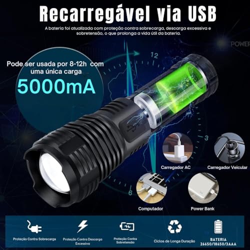 Lanterna Tática Militar T9, Super Potente e Recarregável, LED de Longo Alcance com Zoom Ajustável, I