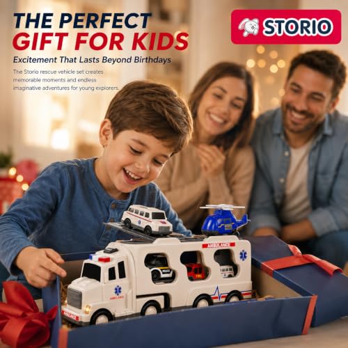 Image of Storio 5 in 1 Ambulance Truck Toy for Kids 3-5 Years Boys Girls | Transport Carrier Vehicle Set with Police Car Fire Truck Helicopter | Friction Powered Light Sound Toys for 3 4 5 6 7 8 9 Years
