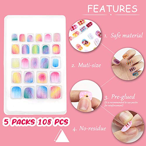 tao pipe Kinder Nägel, 108 Stück Selbstklebende Fingernägel zum Aufkleben Kunstnägel Fake Nails zum Aufkleben Nagelset… – Bild 3