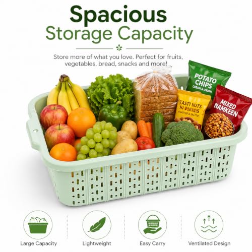 Image of ARICO Plastic Storage Basket with Handles | Multipurpose Ventilated Organizer Bin for Kitchen, Pantry, Refrigerator, Fruits, Vegetables, Bathroom, Wardrobe & Cabinet Storage | Mint Green