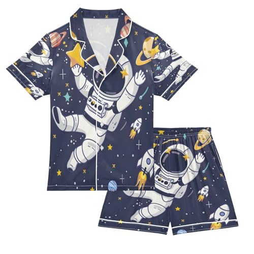 ALAZA Universe Astronaut Solar Ssystem Planet Cartoon Satin Pajamas Set Short Sleeve Button Down Sleepwear Summer Pjs 2 Piece