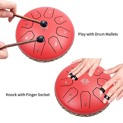 Yamaer Steel Tongue Drum 8 Notes 6 Inches Steel Hand Drum C-Key With Bag, Music Score, Drumsticks. (Red) #TOP2