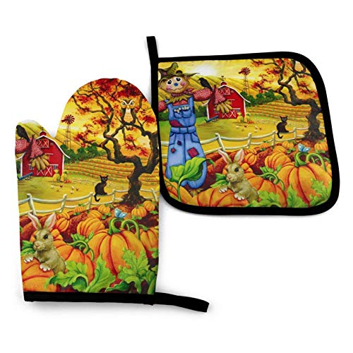 Scarecrow Sunflowers Farm Art Oven Mitts and Pot Holders Sets Heat Resistant Non-Slip Cooking Gloves with Cotton Lining for Kitchen Baking Grilling BBQ