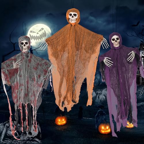 Decoração de Halloween, 3 peças esqueleto de Halloween com postes de suporte e pregos, esqueletos de decoração de Halloween, pingente fantasma para festa de Halloween, casa encantada