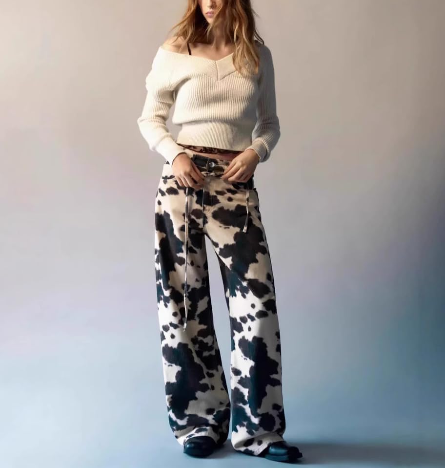 Cow Print Pants Women Men Loose Wide Leg Jeans Loose Fit High Waisted Straight Leg Vintage Baggy Denim Pants - Image 2