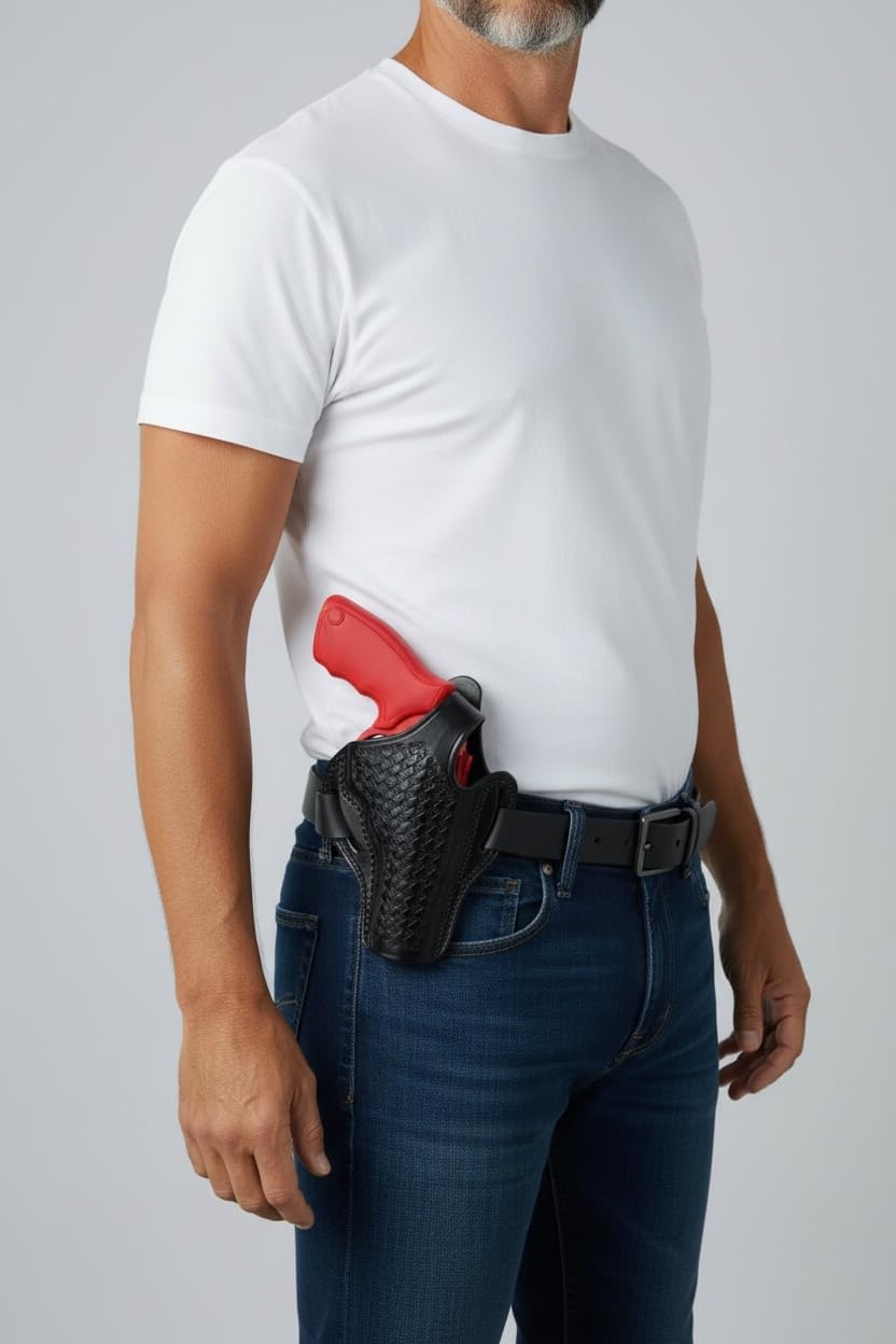 Gun Holster OWB 4 INCH Handmade Leather Basket Weave Holsters for GP100 Taurus (Right Hand Black)
