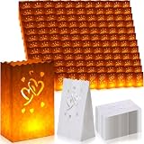 Sherr 100 Pcs White Luminary Bags Wedding Luminary Candle Lantern Bag Bulk with Hearts Paper Tea Light Luminaries Flame Resistant for Mother's Day, Wedding, Birthday Party, Engagement(Heart)