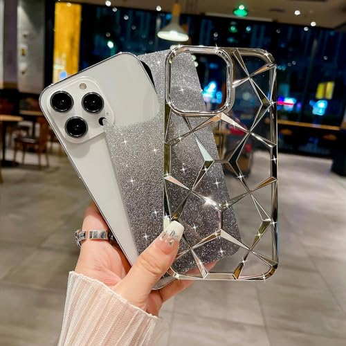 Image of VONZEE Compatible with iPhone 15 Pro Gradient Glitter Case, Luxury Electroplated Geometric 3D Cube, Diamond Bling Shiny Soft TPU Clear Shockproof Case Women Girls Protective Phone Cover (Grey)