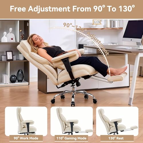 Image of Efomao Executive Office Chair, Beige Fabric Big and Tall Desk Chair | Breathable fabric, pocket spring & foam seat, retractable footrest, 135 recline for computer gaming setup