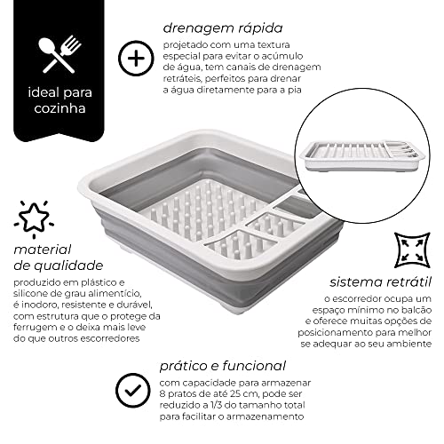 Mimo Style Escorredor de Louça Retrátil na Cor Cinza e Branco, Com Capacidade Para Armazenar 8 Prato