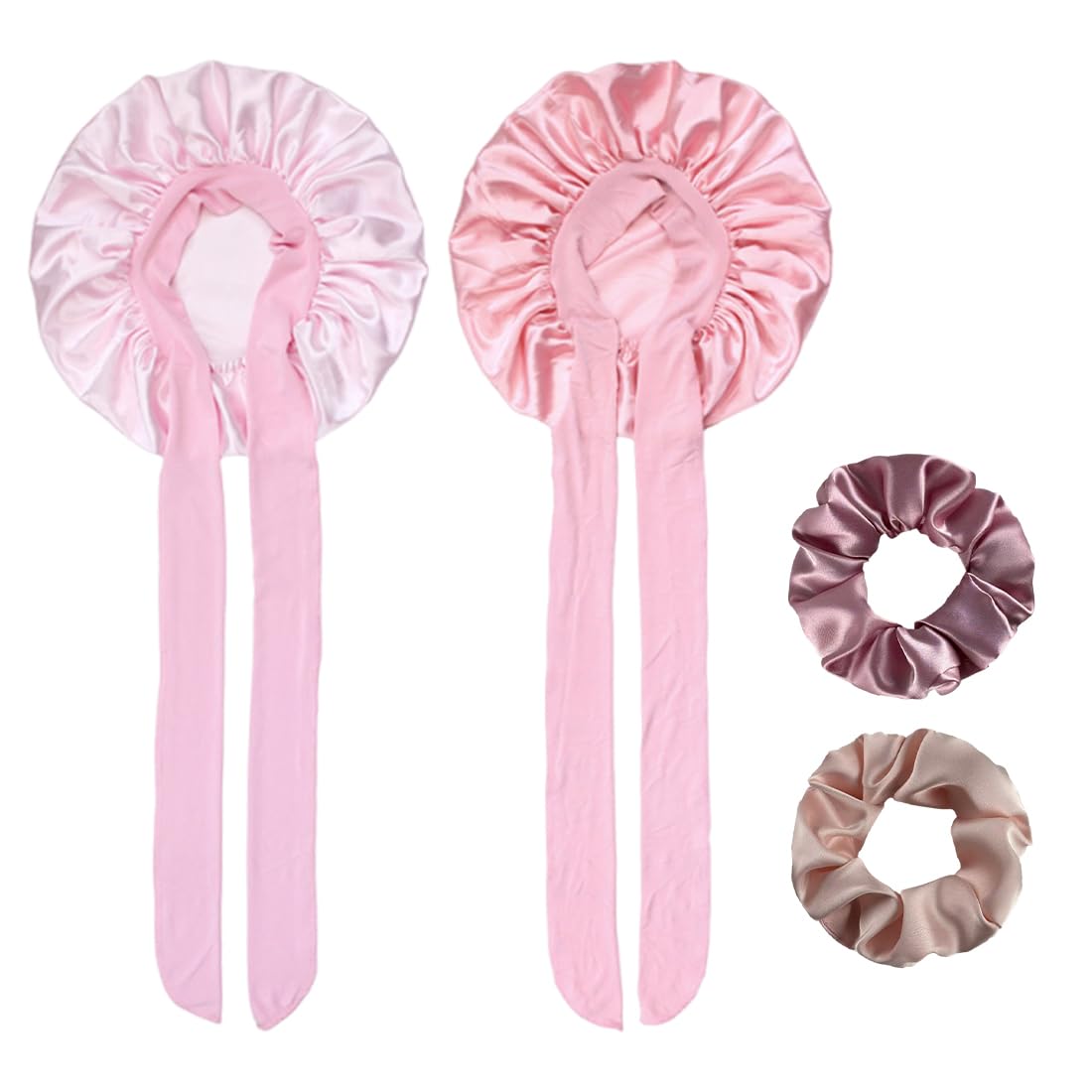Cuffia da notte in seta per donne, 2 pezzi, cuffia in seta regolabile con 2 elastici per capelli, a doppio strato, foderata in raso con laccetto per capelli ricci