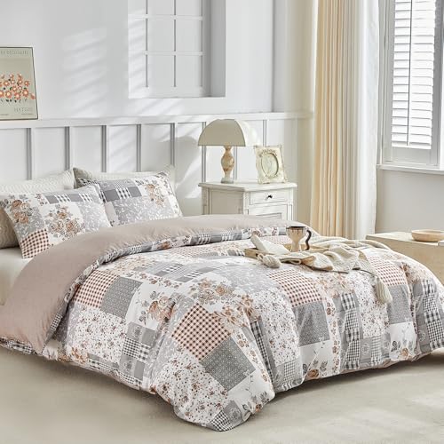 Image of Lekesky King Size Duvet Cover Set, Patchwork Floral 3 Pieces Reversible Grey Duvet Cover Set, Ultra-Soft Microfiber 3 Pieces Comforter Cover with Zipper and Corner Ties, Includes 2 Pillowcases