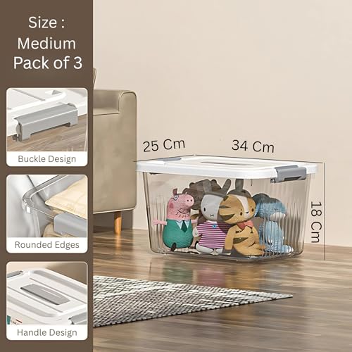 Image of HoopVool Smiley Face Plastic Storage Bin with Locking Lid - Sturdy and Versatile Home Organizer, Available in Multiple Color And Size. (WHITE, PACK OF - 3, MEDIUM - 13 X 8.6 X 5.1 INCH)