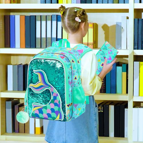 Image of CCJPX 16 inch Mermaid Backpack for Girls, 3Pcs Kids Sequin Bookbag with Lunch Box, Water Resistant Elementary School Bag for Kindergarten Preschool Toddler (Green)