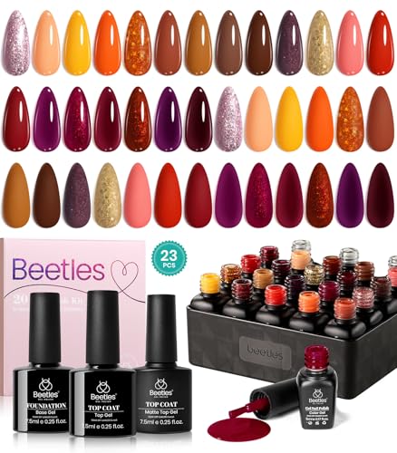 Beetles 23Pcs Gel Nail Polish Kit 20 Colors with Base Gel Top Coat Orange Brown Burgundy Red Yellow Gel Polish Set Soak off Uv Golden Glitter Holiday Nail Art Gift for Girls