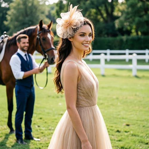 Image of DRESHOW Fascinators Hat Flower Mesh Ribbons Feathers on a Headband and a Clip Tea Party Headwear for Girls and Women