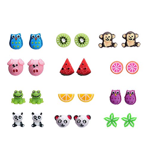12 Pairs Dainty Stud Earring Set Mixed Color Resin Animals Fruit Cute Earrings Packs