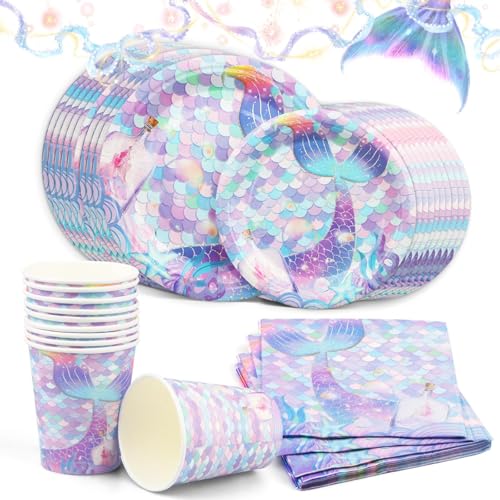 Powmag 50 Piezas Vajilla Cumpleaños Infantil, Sirena Juego de Vajilla de Fiesta para 10...