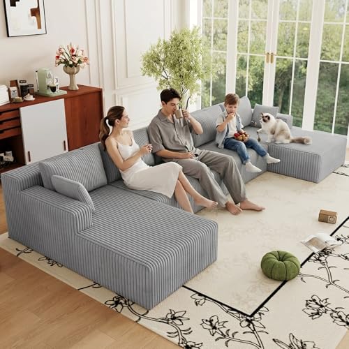 Image of 160 inch Modular Sectional Sleeper Sofa, Boneless Cloud Couch for Living Room, U Shaped 3 Seat Sofa with Deep Seat, Free Combination, Couch in a Box, No Assembly Required (Light Grey)