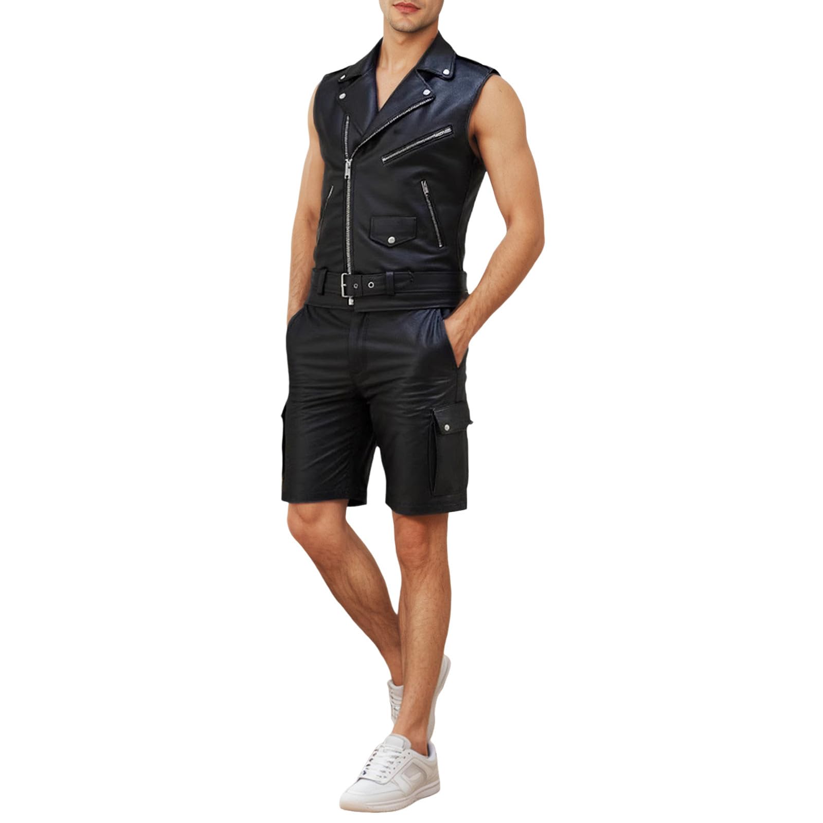 Trainingsanzug Herren Pu Leder Motorrad Set Zweiteiler Lässig Sportanzug Casual Lederweste Und Ledershorts Jogginganzug Punk Freizeitanzug Radbekleidung 2 Teilig Biker Anzug