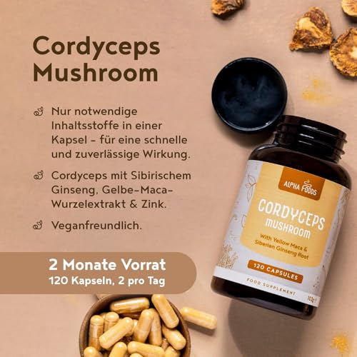 Cordyceps Kapseln hochdosiert | 1000mg Pilz Extrakt (4:1) pro Tagesdosis (4000mg Cordyceps) | Pilze mit Zink… – Ansicht 3