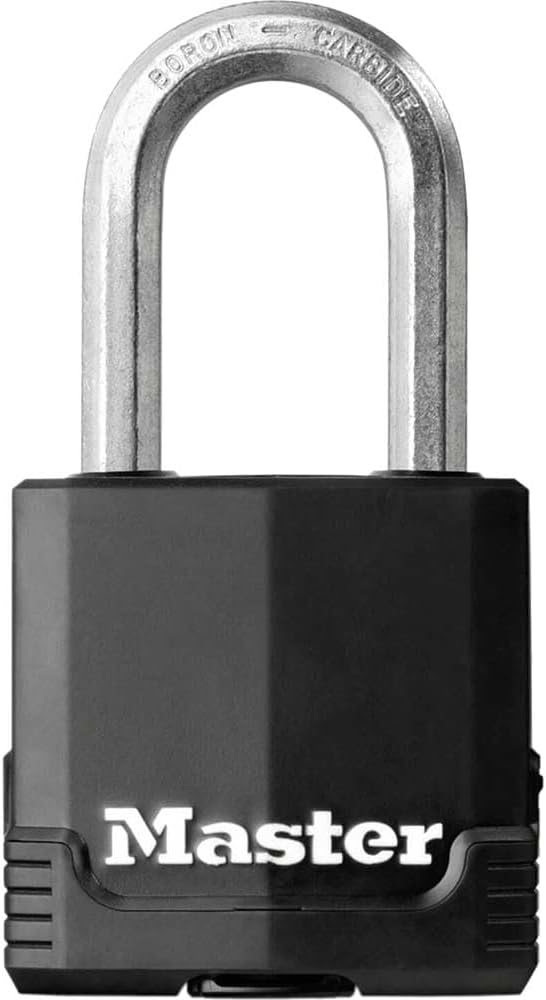 MASTER LOCK Heavy Duty Padlock, Security Level 9/10, Outdoor, Keyed, Covered Laminated Steel, Weatherproof and Rustproof, Large Shackle