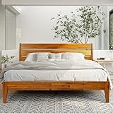 Acacia Emery Bed Frame with Headboard Solid Wood Platform Bed, King Size Bed Frame, Mid - Century Modern Wood Bed Compatible with All Mattresses, Easy Assembly, Non-Slip, Caramel.